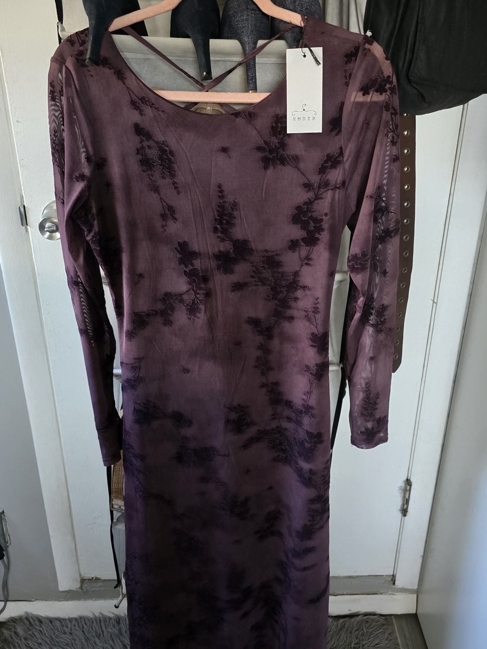 Crushed Velvet Long Sleeve Bodycon Dress in Plum by Render